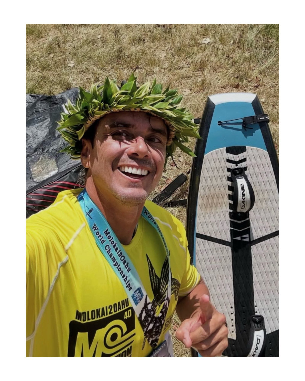 Livio Menelau with the winner's lei after the Molokai 2 Oahu 2026