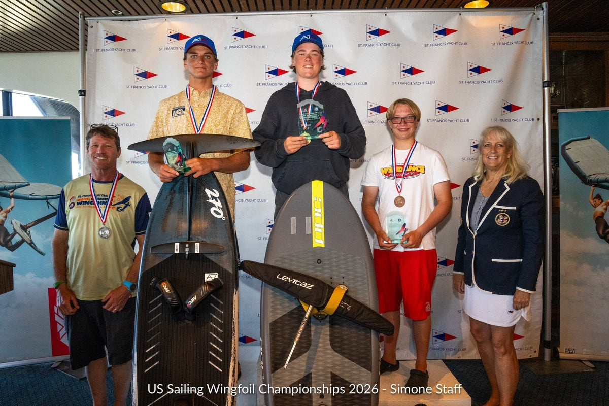 The U19 podium at the 2026 US Wing Foil Nationals, St. Francis Yacht Club