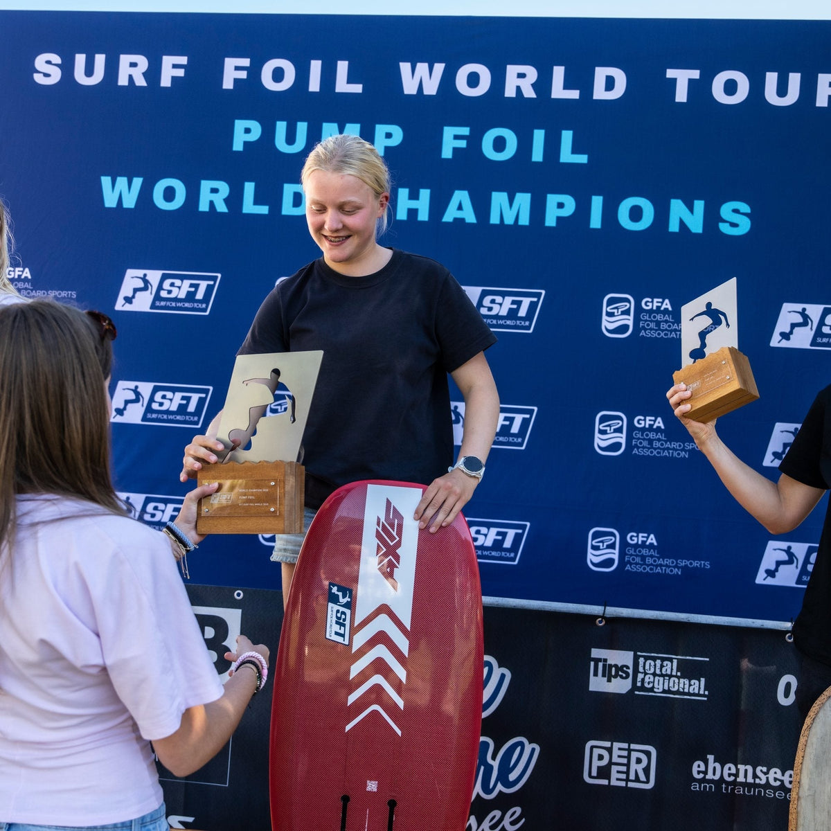 Marnie Bertram on the Surf Foil World Tour pump foil world champions podium, 2026